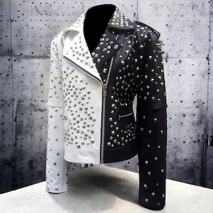 Women Black and White Studded Leather Jacket Handmade Leather Jacket Stylish Biker Leather Jacket Spiked Leather Jacket Gift for her