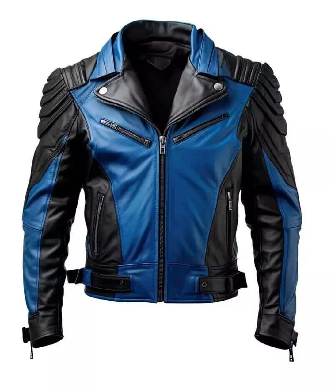 Men's Premium Handmade Black Blue Biker Stylish Racing