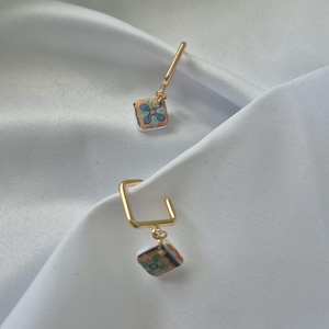 Tile Pattern Square Hoop Earrings | Portuguese Dangle Earrings | Gold Geometric Summer Jewellery | Tile Earrings | Mediterranean Earrings