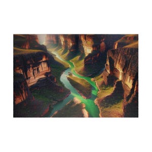 Puede incluir: Imagen de un paisaje de cañón con un río sinuoso. Las paredes del cañón son una mezcla de tonos marrones y rojizos, con vegetación verde. El río es de un color turquesa vibrante, creando un contraste llamativo.