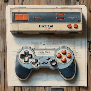 Puede incluir: Una consola de videojuegos Superboy 3000 de estilo vintage con un mando azul y blanco. La consola es beige con botones naranjas y el texto "SUPERBOY 3000" impreso en la parte delantera. El mando tiene un esquema de color azul y blanco con botones naranjas y el texto "SUPER 3000" impreso en la parte delantera.