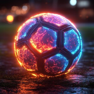 May include: A soccer ball with a glowing orange and blue design. The ball is made of leather and has a textured surface.