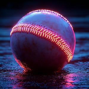 May include: A baseball with glowing orange stitching and a purple and blue color scheme. The baseball is resting on a wet, reflective surface, creating a dramatic effect. The image is a close-up shot.