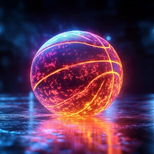 May include: A glowing basketball with orange and red lights, sitting on a dark blue surface. The basketball has a textured surface and a black and white pattern.