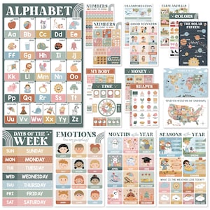 18 pósteres educativos bohemios para niños: pósteres del alfabeto y aprendizaje para niños pequeños, preescolares y educación en casa.