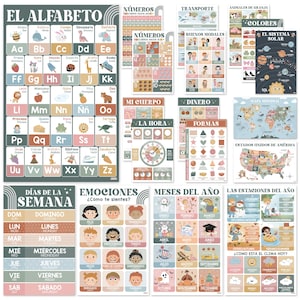 18 pósteres educativos bohemios para niños en español: set de aprendizaje bilingüe para preescolar, educación en casa y decoración Montessori