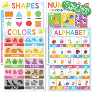 4 carteles educativos coloridos para niños: tablas de aprendizaje para niños pequeños en el aula y preescolar. Incluye alfabeto, números, formas y colores.