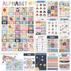 Juego de 16 pósteres educativos para niños: alfabeto, números, formas, emociones y herramientas de aprendizaje para preescolar, niños pequeños y educación en casa.