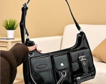 バッグ Y2K leather shoulder bag 2way grunge Gothic Y2k Crossbody Bag: Vintage Grunge Chain Shoulder Bag