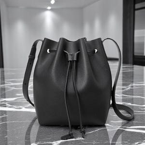 Black Leather Bucket Bag: Minimalist Drawstring Crossbody Purse