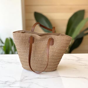 Stroh Strand Tragetasche für Frauen | Große gewebte Sommer Schultertasche | Boho Tasche mit Reißverschluss | Lässige Bali Style Handtasche | Reise oder Pool Tasche