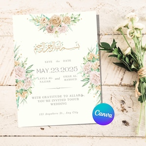 Muslim wedding invitation- minimalist floral template | Editable in canva | muslim wedding | nikkah invitation | wedding invitation