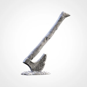 May include: A light grey stone-textured axe figurine featuring an elongated handle and a wide blade decorated with intricate, raised Celtic-style knotwork patterns. The axe is positioned at an angle, resting on a jagged, uneven base of matching stone.