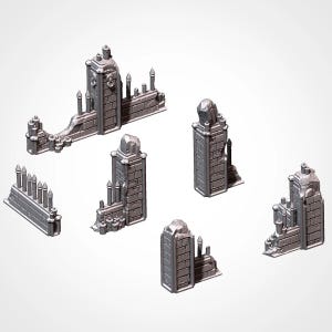 May include: A collection of gray miniature castle wall and tower pieces. The pieces are made of a brick-like material and feature decorative elements such as spires and arched openings. Ideal for tabletop gaming or model building.