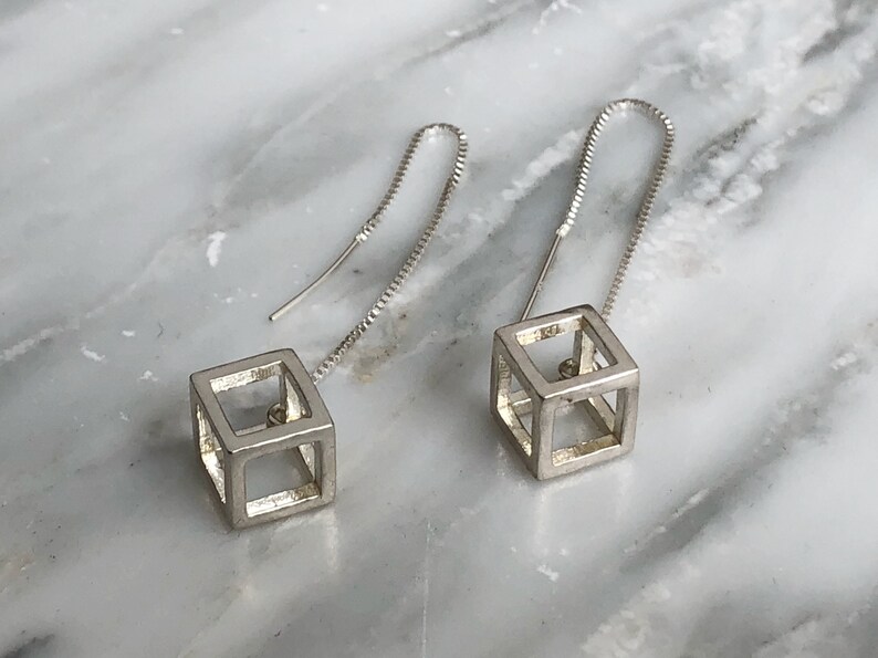 Sterling silver cube threader earrings 3D designed cubes Etsy
