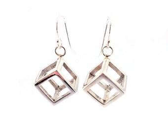 Sterling Silver Cube Dangly Earrings, Contemporary Minimalist Dangle Drop Earrings