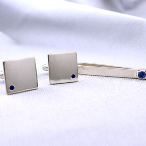 September Birthstone Tie Clip and Cufflinks Set Sapphire Bezel Set Slide Tie Bar Sapphire TieBar Gift for Groom Wedding Anniversary Gift