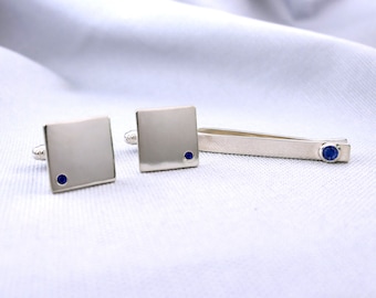 September Birthstone Tie Clip and Cufflinks Set, Sapphire Bezel Set Slide Tie Bar, Sapphire TieBar, Gift for Groom, Wedding Anniversary Gift