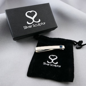 Sterling Silver London Blue Topaz Slide Tie Bar Clip 4th Wedding Anniversary Gift for Men December Birthday Birthstone Gift for Husband