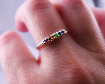 Rainbow Wedding Band Silver Rainbow Ring Silver Rainbow Gemstone Ring