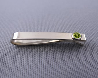 Sterling Silver Peridot Slide Tie Bar Clip, 16th Wedding Anniversary Gift for Men, August Birthday Birthstone TieBar Gift for Husband