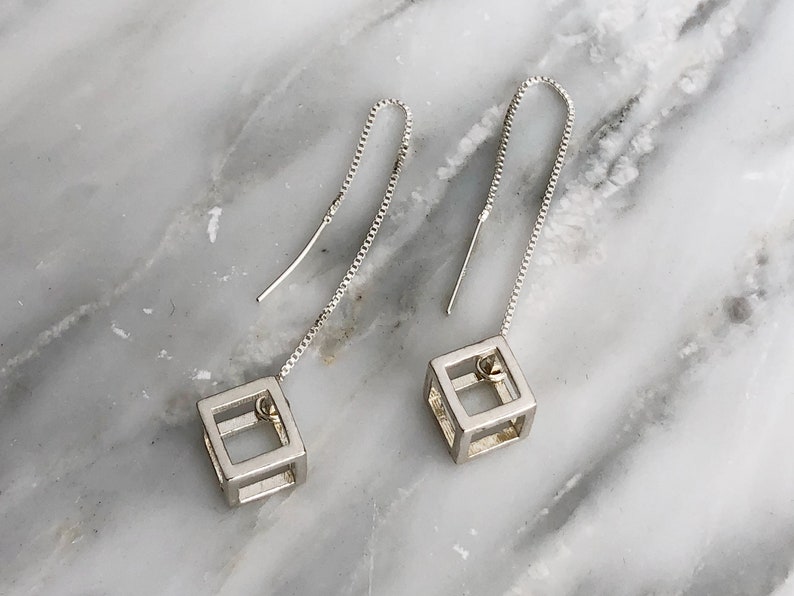 Sterling silver cube threader earrings 3D designed cubes Etsy