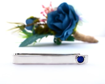 Sterling Silver Sapphire Slide Tie Bar Clip, 45th Wedding Anniversary Gift for Men, September Birthday Birthstone Tie Bar Gift for Grooms