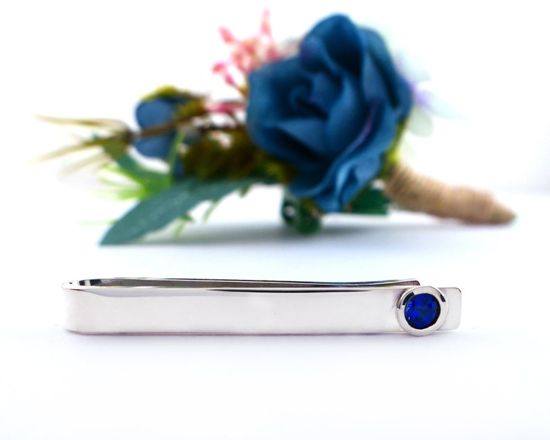 Sterling Silver Sapphire Slide Tie Bar Clip 45th Wedding image 1