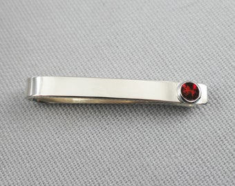 Sterling Silver Garnet Slide Tie Bar Clip, 2nd Wedding Anniversary Gift for Men, January Birthday Birthstone TieBar Gift for Grooms Husband