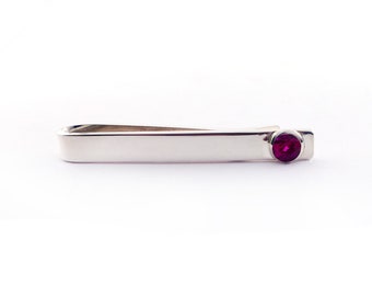 Sterling Silver Ruby Slide Tie Bar Clip, 15th 40th Wedding Anniversary Gift for Men, July Birthday Birthstone TieBar Gift for Grooms Husband