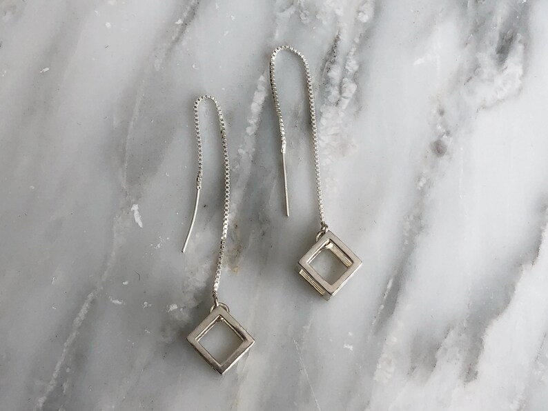 Sterling silver cube threader earrings 3D designed cubes Etsy