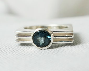 Square London Blue Topaz Ring, Square Cut Ring, Rectangular Blue Topaz Ring