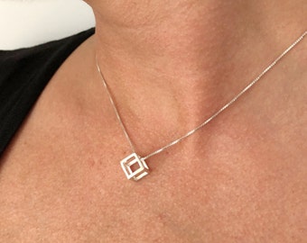 Sterling Silver Cube Necklace 3D Cube Necklace Geometric Necklace Contemporary Pendant Modern Necklace Minimal Necklace, Geometric