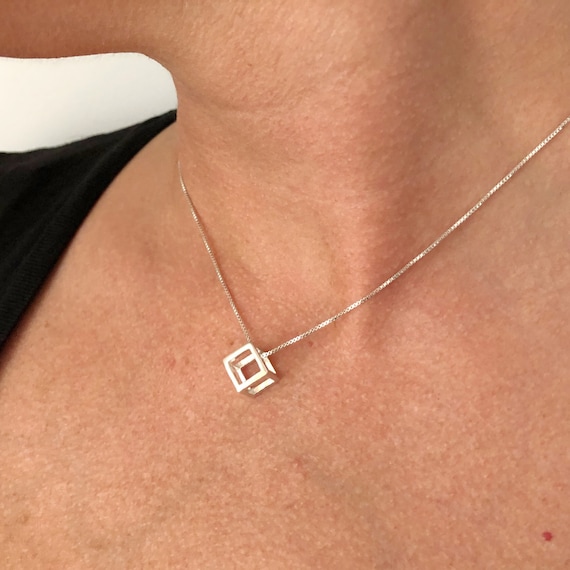 [PRIMAUTE] 925Silver☆Cubic Square Necklace Sterling Silver Cube Necklace 3D Cube Necklace Geometric