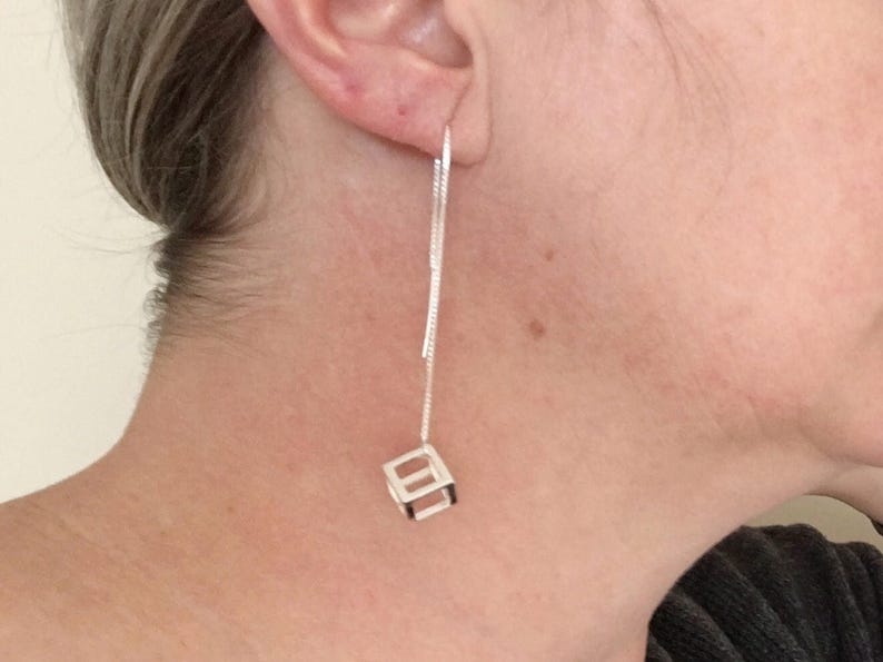 Sterling silver cube threader earrings 3D designed cubes Etsy