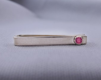 Sterling Silver Pink Tourmaline Slide Tie Bar Clip, 8th Wedding Anniversary Gift for Men, October Birthday Birthstone TieBar Gift Husband