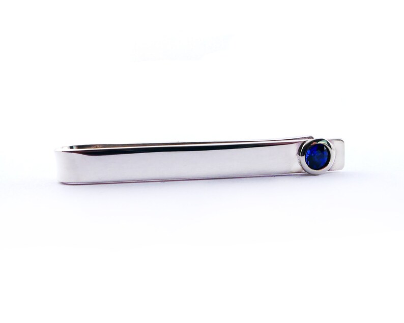 Sterling Silver Sapphire Slide Tie Bar Clip, 45th Wedding Anniversary Gift for Men, September Birthday Birthstone Tie Bar Gift for Grooms No thanks