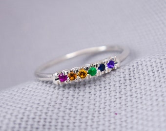 Rainbow Wedding Band, Silver Rainbow Ring, Silver Rainbow Gemstone Ring