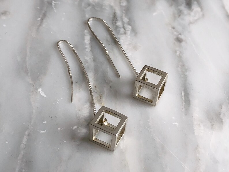 Sterling silver cube threader earrings 3D designed cubes Etsy