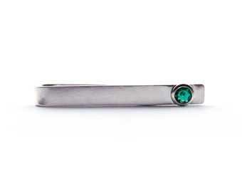 Sterling Silver Emerald Slide Tie Bar Clip, May Birthday Birthstone TieBar Gift, Gift for Grooms, Groomsmen, Dad, Husband, Man