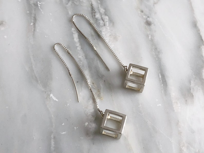 Sterling silver cube threader earrings 3D designed cubes Etsy