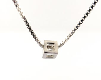 Tiny Sterling Silver Cube Necklace 3D Cube Necklace Geometric Necklace Small Contemporary Modern Necklace Minimal Necklace, Geometric