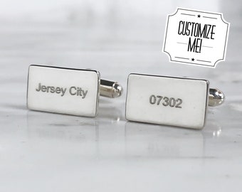 City and Zipcode Sterling Silver Cuff links, Handstamped Jewelry, Fiance Gifts, Engraved, City Pride, Long Distance Relationship Gift, Groom