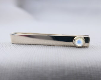 Sterling Silver Moonstone Slide Tie Bar Clip, Gift for Men, June Birthday Birthstone Tie Bar Gift for Husband, Tie Clip