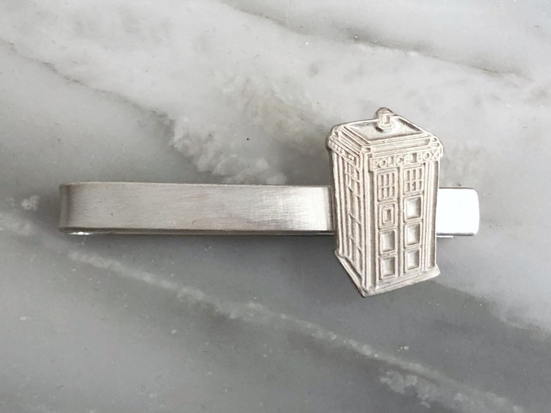 Geeky Tie Bar Tardis Tie Bar Sterling Silver Tie Bar Gift for Doctor Who Fans Doctor Who Tie Clip Whovian Tie Clip Dr Who Tie Bar