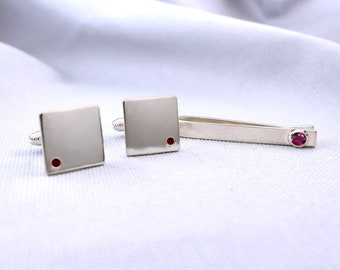 July Birthstone Tie Clip and Cufflinks Set, Ruby Bezel Set Slide Tie Bar, Ruby Gift for Groom, 15th and 40th Wedding Anniversary Gift, Grad