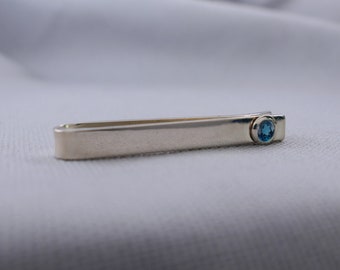 Sterling Silver London Blue Topaz Slide Tie Bar Clip, 4th Wedding Anniversary Gift for Men, December Birthday Birthstone Gift for Husband