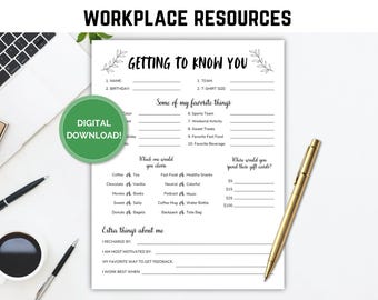 Getting To Know You Printable, Coworker Questions, All About Me, Employee Favorite Things Survey, Get to Know My Team Survey, Team Building
