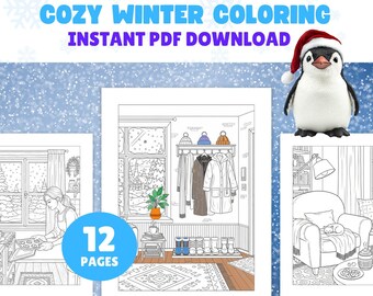 Cute Holiday Interior Designs Coloring Pages for Adults, Hygge and Winter Scenes, 12 Cozy Printable Pages for Relaxation, Instant Download