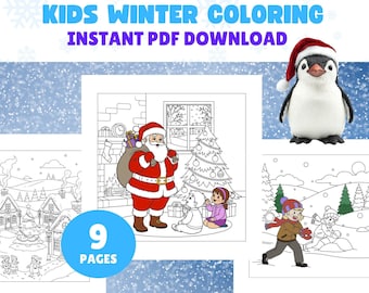 Dibujos navideños para colorear para niños, escenas de Navidad e invierno, 12 páginas imprimibles para actividades navideñas, descarga instantánea, imprimibles